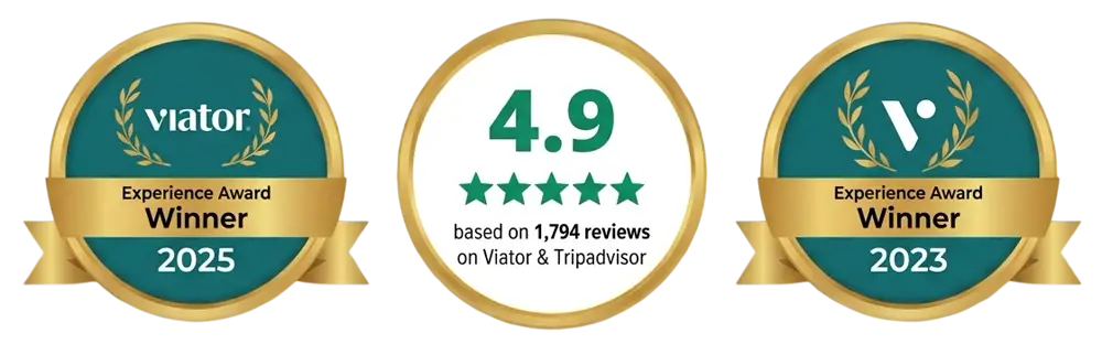 Viator Experience Award Winner 2025 and 2023 — rated 4.9 out of 5 on Viator and Tripadvisor